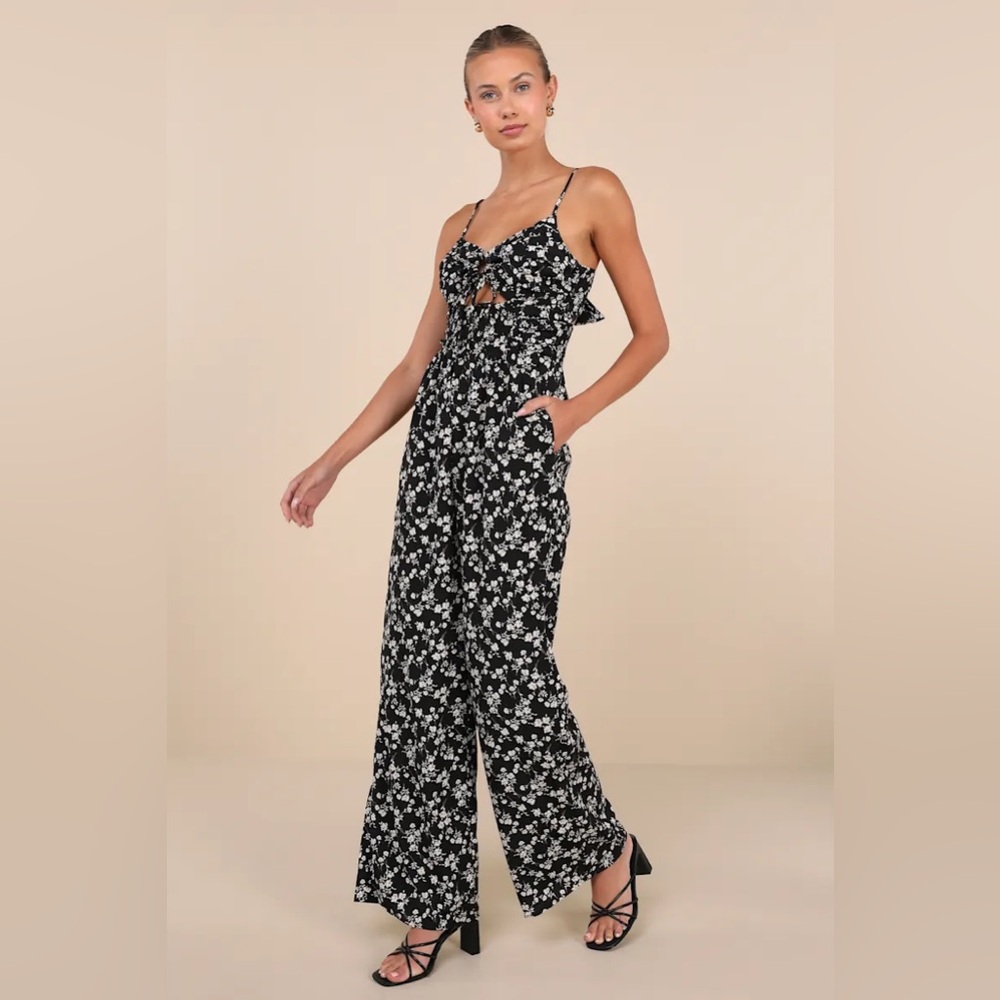 NWT - Darling Upgrade Black Floral Cutout Tie-Back Wide-Leg Jumpsuit